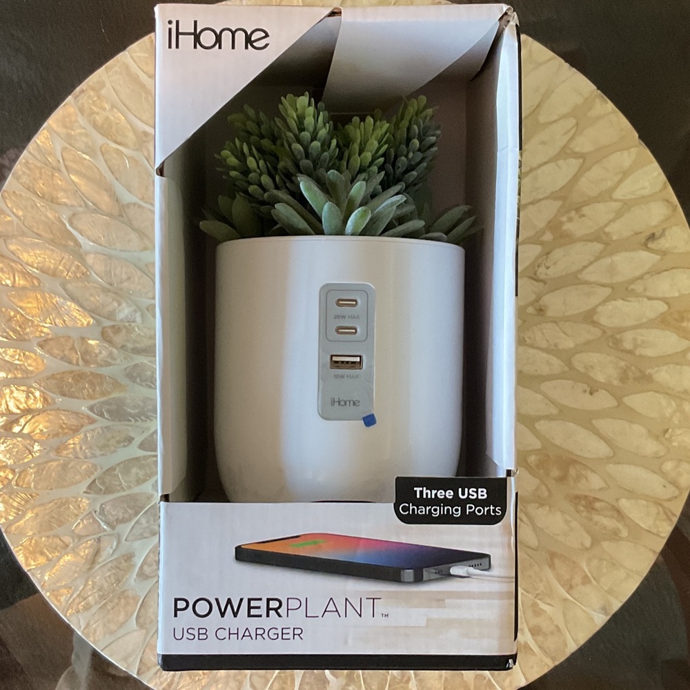 iHome White USB Charger with Green Succulent